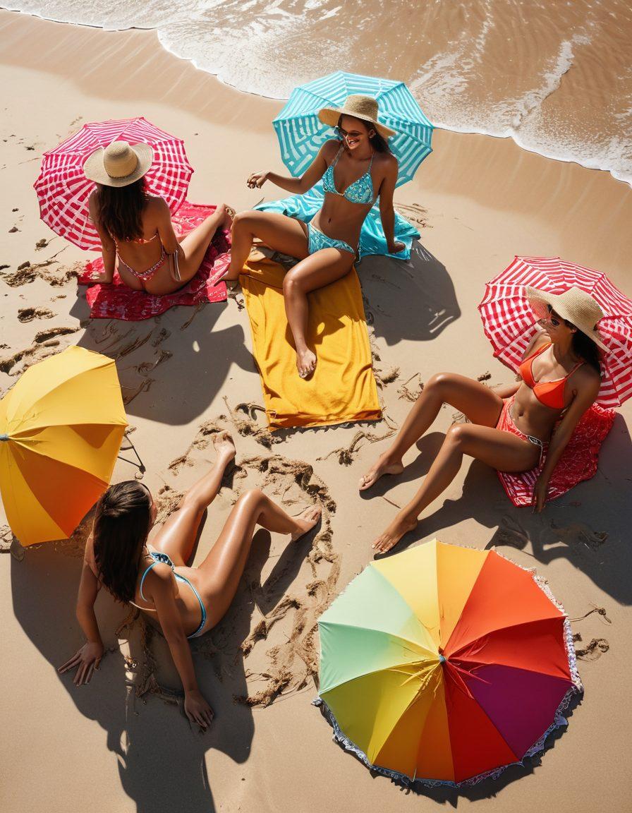 A vibrant summer scene featuring a diverse group of models wearing stylish thongs and bikinis on a sandy beach. Include bright beach umbrellas, colorful towels, and sun hats to emphasize a fun outing. Capture a sense of joy and confidence with the sun shining and waves crashing in the background. The atmosphere should be lively and inviting, making it hard to resist the summer vibes. super-realistic. vibrant colors. beach vibe.