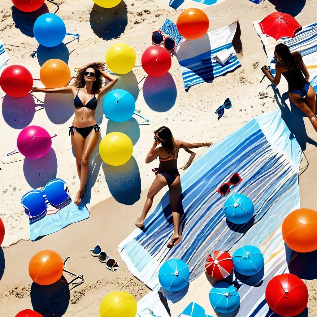 A vibrant beach scene showcasing diverse models wearing trendy thongs and bikinis in various styles, with colorful beach umbrellas and ocean waves in the background. Include a sunlit blue sky and playful beach accessories like sunglasses and beach balls. Capture an atmosphere of joy and summer relaxation. super-realistic. vibrant colors. beach setting.